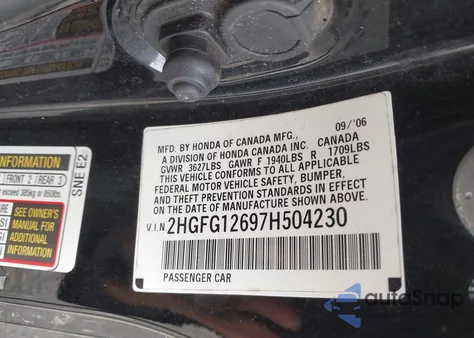 2007 Honda Civic Lx z USA, uszkodzony, nr VIN 2HGFG12697H504230